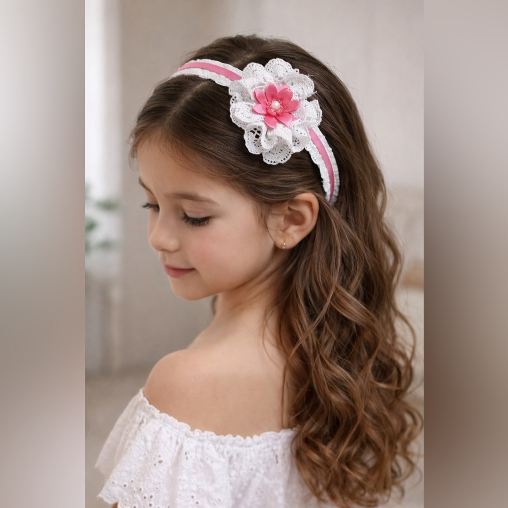 Hand Crafted White and Pink Lace Headband